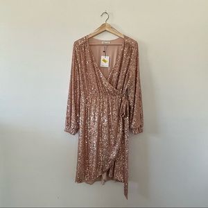 NEW Gibson Latimer Rose Gold Long Sleeve Wrap Sequin Dress
